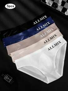 5pcs Men's Breathable Low Waist Triangle Briefs With Letters, Sporty & Sexy, Ice Silk, No Trace