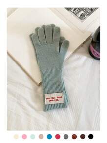 1 Pair Knitted Solid Color Applique Cute Five Finger Warm Long Cuff Touchscreen Fingerless Gloves, Wool Blend, Suitable For Autumn/Winter, Cycling