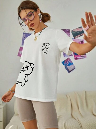 DGCC Camiseta versátil de manga corta con estampado de oso para mujer. Elegante top de poliéster con cuello redondo, ideal para un look casual. Largo estándar.