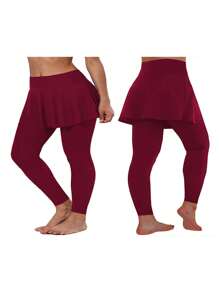 Womens Plus Size Skirted Leggings High Waist Tummy Control Stretchy Yoga Pants Workout Tennis Leggings - Burgundy - View 4