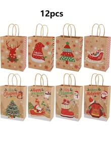 12/24 件，圣诞礼品袋，8 种款式礼品袋，小尺寸带手柄，宽松圣诞主题牛皮纸袋适合圣诞派对、学校、度假，可容纳饼干、糖果、装饰品等 - 彩色 - 查看 13