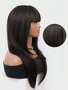 Tóc giả màu đen nâu thanh lịch đơn giản bằng sợi hóa học chịu nhiệt tóc giả dài thẳng nhiều lớp tóc giả 26 inch tự nhiên có mái tóc hàng ngày cho phụ nữ dự tiệc tóc tự nhiên dễ thương và ngọt ngào tóc giả chịu nhiệt - Black-brown - Xem 7