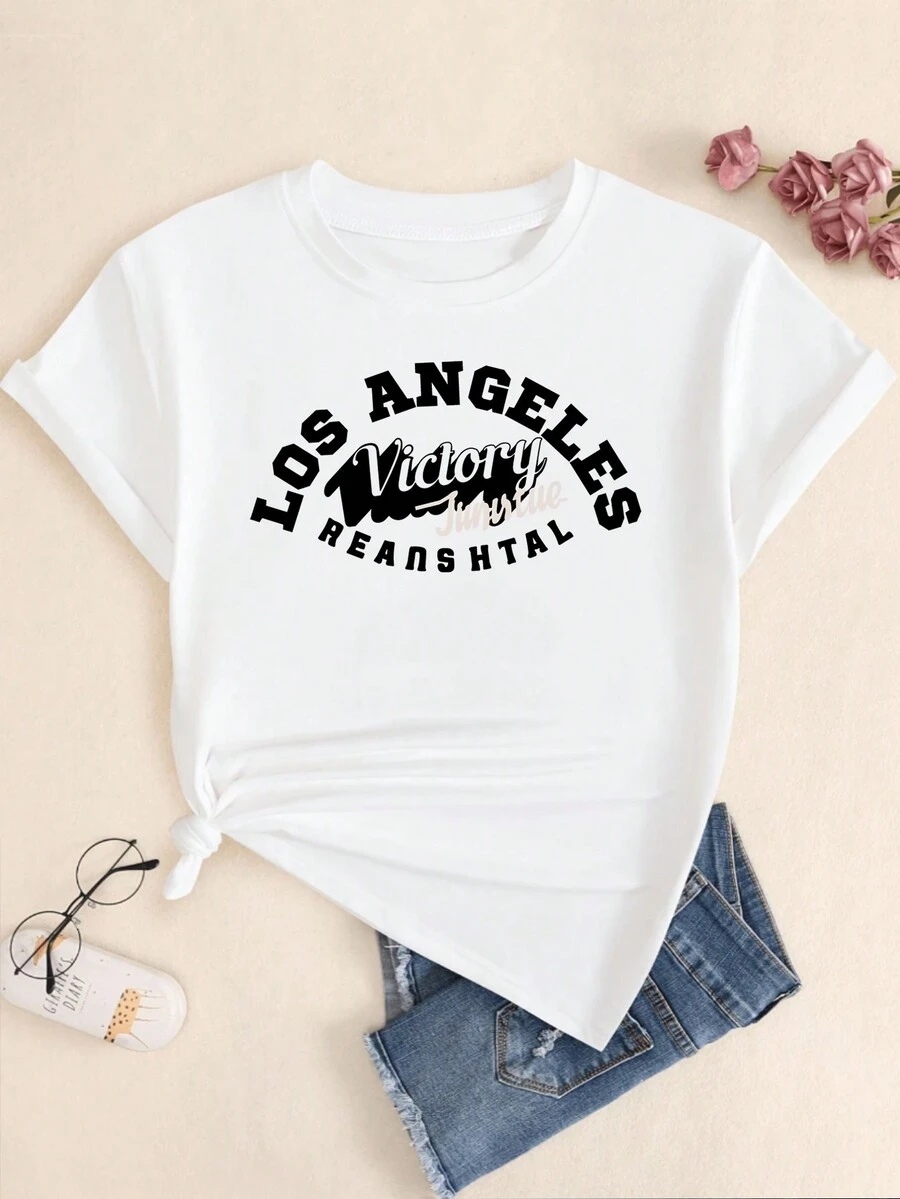 Retro Style Text Pattern Cotton T-Shirt Comfortable Women Summer Tops - 白色的 - 查看 1