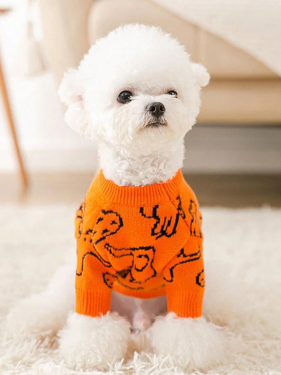 1 Bộ trang phục thú cưng thu đông cho mèo/chó in hình động vật nhỏ dễ thương, áo len hai chân - trái cam - Xem 1