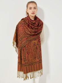 1pc Retro Elegant Versatile Paisley & Pattern Scarf - Burgundy - View 7