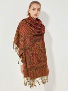 1pc Retro Elegant Versatile Paisley & Pattern Scarf - Burgundy - View 4