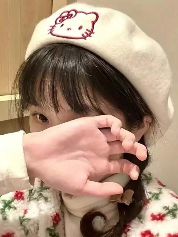 Sanrio 1pc Sanrio Winter Hello Kitty Beret Hat, Estilo Retro Painter, Cor Quente, Mistura de Lã, Adorável Para Outono/Inverno