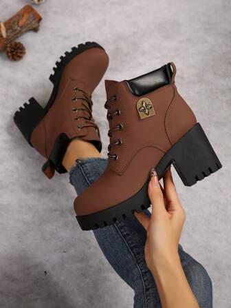 2024 Autumn/Winter Women High Heel Thick Sole Boots, Waterproof Platform Ankle Boots, Plus Size