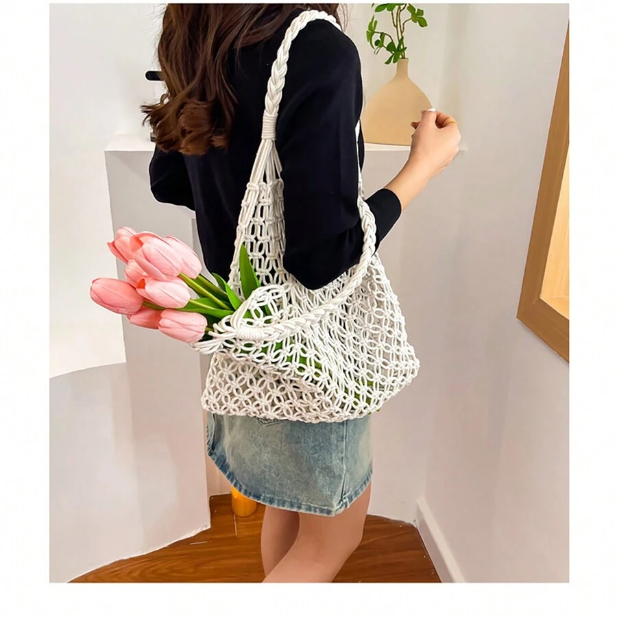 Ins Mesh Bag, Fish Mesh Bag, Internet Celebrity, Single Shoulder, Hollow Straw, French Holiday, Beach Bag - Màu be - Xem 1