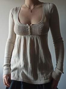 Women Autumn Knitted Tops Solid Color Long Sleeve Button Square Neck Tunic Blouse Sweaters