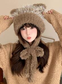 1pc Sweet Cute Fluffy Cat Ear Knit Beanies Warm Earmuffs For Women, Autumn/Winter - Multicolor - View 6