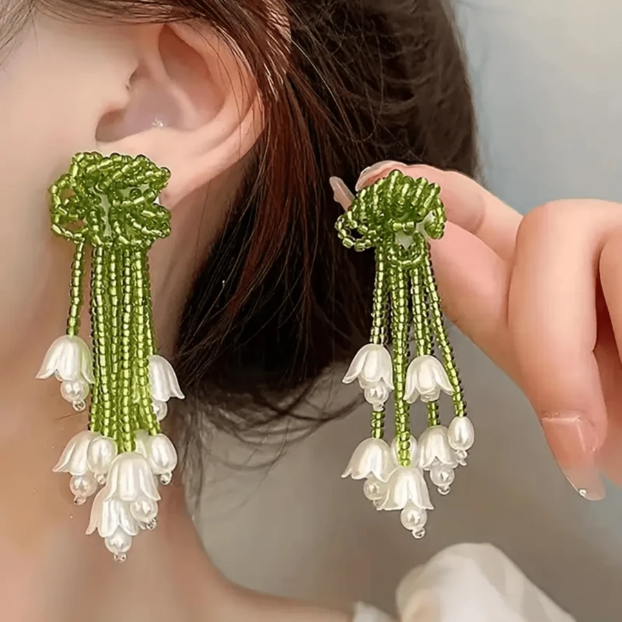2pcs Elegant Party Earrings Tassel Bead Lily Of The Valley Earrings, Fashionable And Luxurious Women's Wedding Bridal Accessories Party Party Party Earrings - Multicolor - View 1