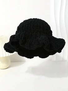 1 pieza Sombrero de cubo con volantes plisados de unicolor tejido a mano para mujer, diseño exagerado, gorro de invierno de moda