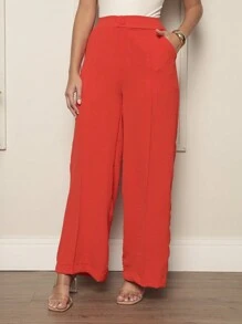 Duna Fabric Wide Leg Pants With Button Blogger Elastic Social Pants - 橘色 - 查看 2