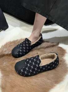 Giày đế bằng thời trang in họa tiết chắp vá cho nữ, giày bốt mũi tròn lót nhung ấm áp thoải mái cho mùa đông ngoài trời - màu đen - Xem 2