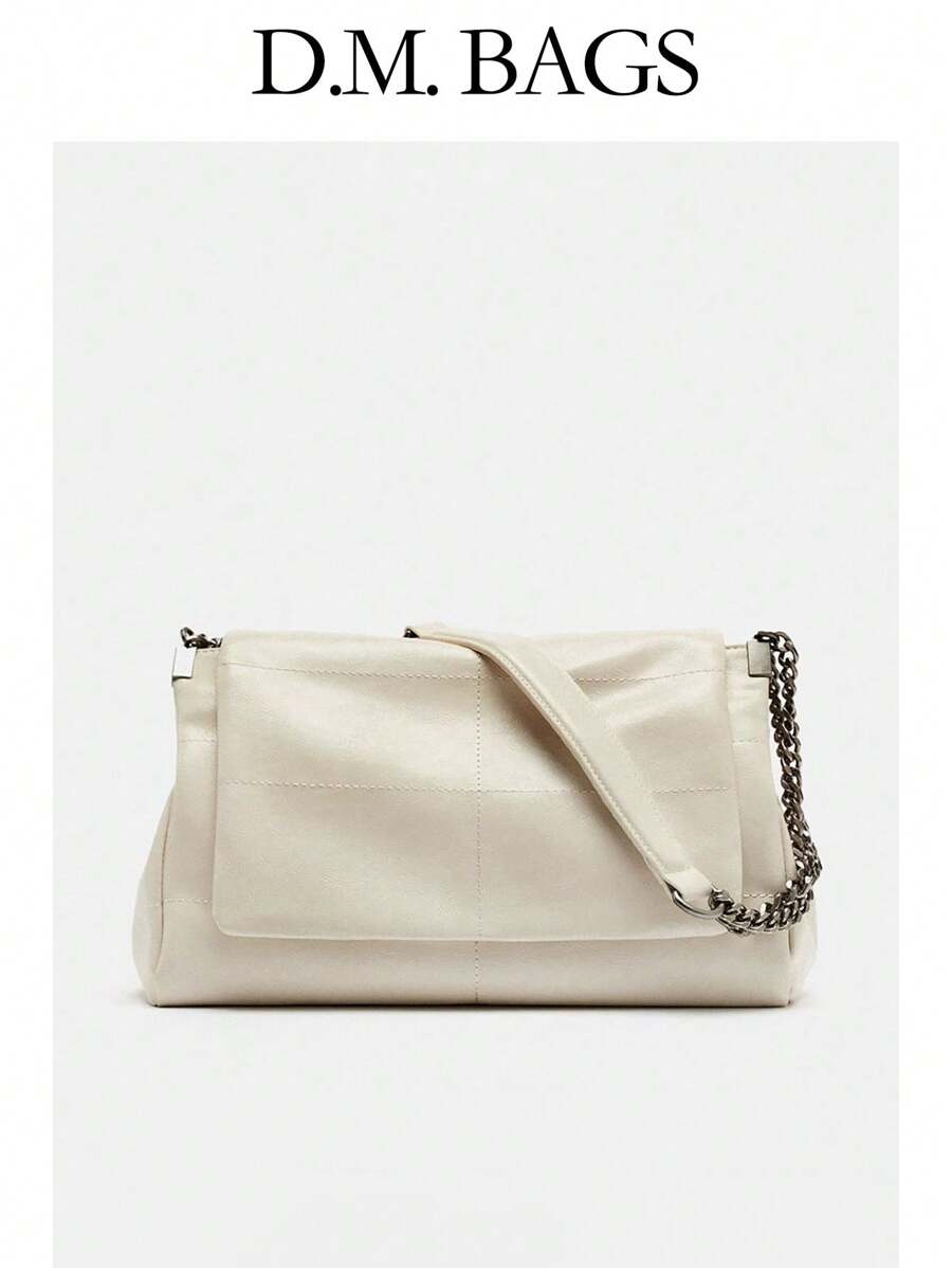 1pc PU Fabric Vintage Premium Solid Color Chic Chain Strap Hobo Bag Large Capacity Shoulder Bag - Beige - View 1