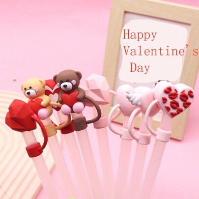 1pc/6pcs/8pcs Valentine's Day Heart-Shaped Silicone Straw Tips Cover Reusable & Washable Drinking Straw Toppers For 10mm Straws, Cute Cartoon Bear Design, Perfect For Parties & Gifts