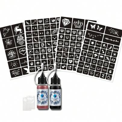 STARTTOOS 4 件 A4 尺寸镂空纹身模板 + 1 瓶红色 + 1 瓶黑色纹身墨水，蝴蝶、花朵、文字、动物小图案临时纹身，防水假纹身适用于手指、手腕、身体，男女皆宜