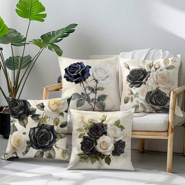 4pcs Retro Watercolor Black & White Rose Pillow Case Set, Single-Sided Printed Soft Peach Velvet Fabric, 45x45cm/50x50cm Cushion Cover For Modern Fabric Sofa, Indoor Decoration, Party Decor, Gift