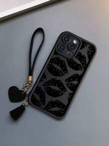 Lanyard 1pc Lip Print Thickened Anti-Fall Textured Phone Case With Detachable Leather Heart-Shaped Wrist Strap DIY Pendant Charm, Compatible With Iphone///Redmi Series Waterproof Shockproof Scratch Resistant