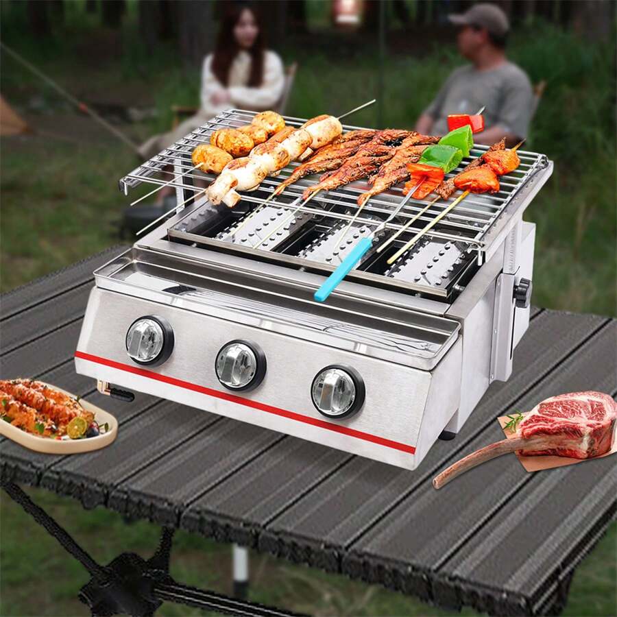 Small 3Burner Gas Grill With Steel Cover Outdoor Barbecue, Party