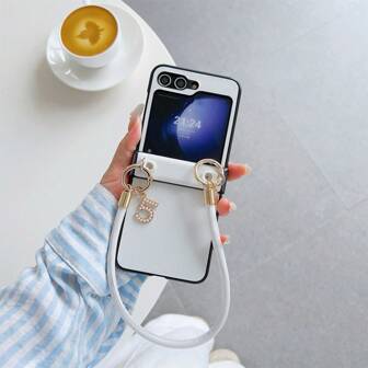 Custodia per telefono pieghevole in pelle dalla texture minimale, semplice ed elegante, con cordino e protezione da caduta, idea regalo per le vacanze, compatibile con Samsung FLIP3/FLIP4/FLIP5/FLIP6