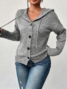 Áo len cardigan trùm đầu dành cho nữ có nút và dây rút, tay dài, màu trơn, nhẹ, sọc đơn - Xám - Xem 3