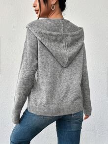 Áo len cardigan trùm đầu dành cho nữ có nút và dây rút, tay dài, màu trơn, nhẹ, sọc đơn - Xám - Xem 5