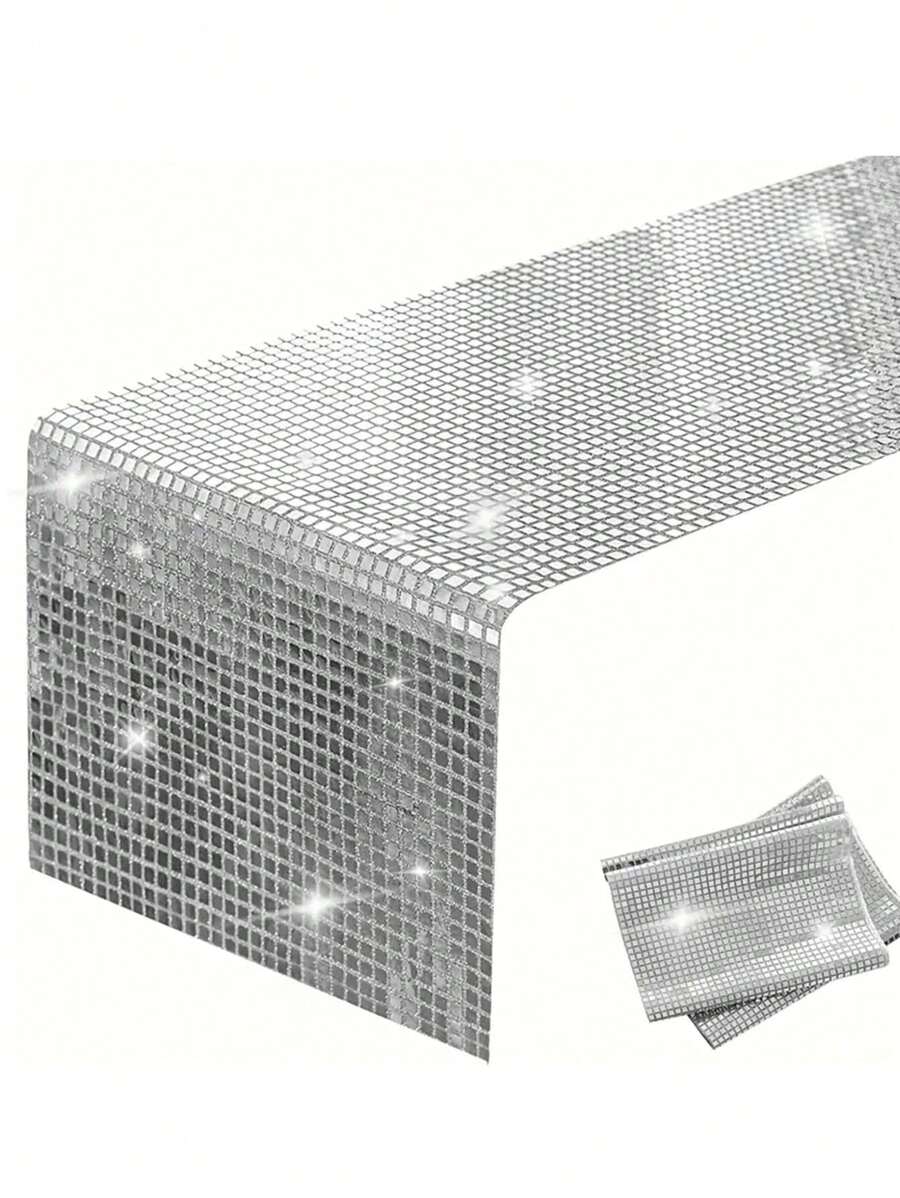 13 X 72 英寸闪光桌旗，镜面铝箔桌面装饰，适用于迪斯科派对装饰婚礼生日，适合长方形和圆形桌子、Bbay 淋浴（银色、玫瑰金） - 彩色 - 查看 1