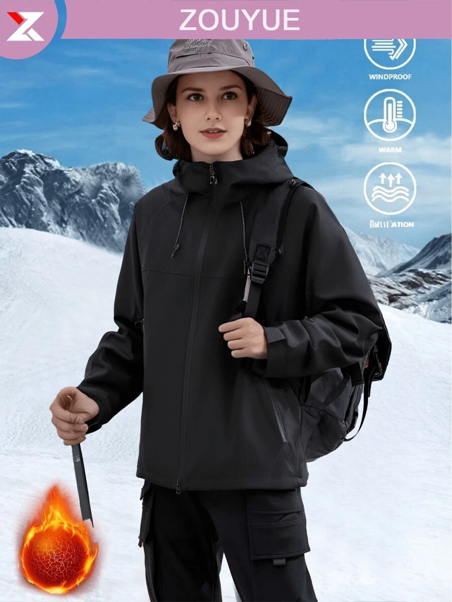 1 pieza Impermeable, ligero, abrigo de lluvia para mujer con capucha, chaqueta de senderismo - Negro - Ver 1