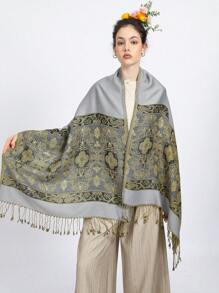 1 件纯色提花披肩配银线边围巾，百搭百搭冬季保暖格子围巾 - 灰色 - 查看 2