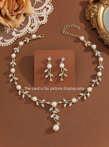 3pcs Crystalized Leaf Necklace And Earrings Luxury Jewelry Set For Women, Formal Occasion