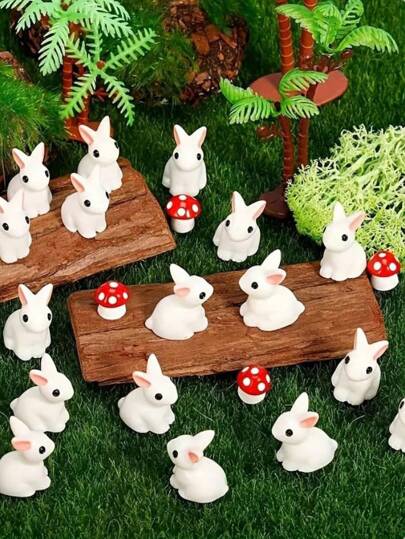 20 件迷你兔子蘑菇雕像花园景观配件，树脂迷你兔子雕像适用于 DIY 微型景观、家庭办公室装饰、新年圣诞节感恩节派对用品、节日装饰