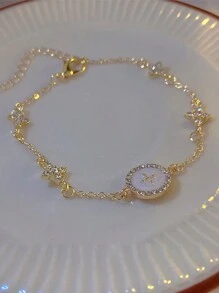 1pc Women's Fashionable & Elegant Ornate Luxury Diamond Studded Star Ray Cross Round Pendant Chain Bracelet, Suitable For Daily Wear