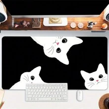 白色可爱猫咪鼠标垫卡通设计键盘垫大号游戏鼠标垫橡胶缝边 35.4x15.7 英寸电脑桌面垫 送给朋友的完美礼物 - 彩色 - 查看 3
