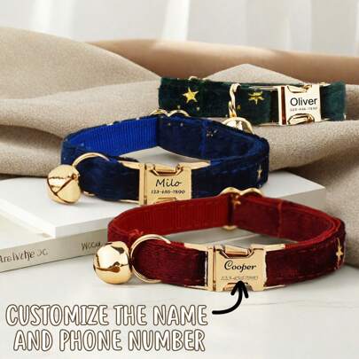 1 pieza Collar de lujo de terciopelo con estrella dorada personalizada para gatos pequeños, con campana - Personalizable con nombre y número de teléfono - Para evitar que tu mascota se pierda. Decorativo, grabable, de material de acero inoxidable, de moda, colorido, retro, lindo, minimalista, adorable. Personalizable, único, suministros para mascotas personalizados, adecuado para aniversario, cumpleaños, ocasiones festivas. Suministros para mascotas, collar, correa y arnés personalizados.
