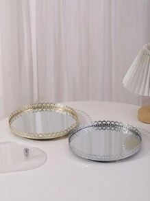 1pc Metal Gold/Silver Crown Trimmed Mirror Tray, European Style Glass Vanity Tray, Luxury Decorative Jewelry Makeup Holder For Living Room, Bedroom, Bathroom Back To School