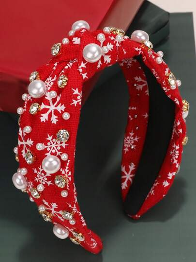 1pc Women Christmas Pearl Snowflake Headband Wide Knot Hair Hoop Christmas Holiday Hair Accessory Gifts (White Pearl Snowflake)