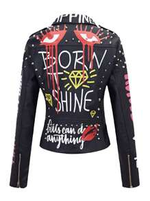 Chaqueta de piel sintética para mujer con remaches florales para motociclista y solapa corta