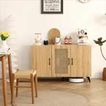 Three-Door Cabinet With Natural Rattan Mesh - Large Storage Space Kitchen Storage Cabinet.Stable And Durable Structure Perfect For Living Rooms Or Restaurants 45.3inch