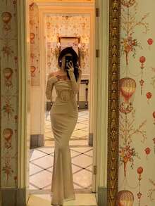 Sexy Spaghetti Strap Velvet & Contrast Lace High Stretch Semi-Sheer Evening Gown, Autumn/Winter