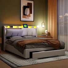 Creahappy CREAHAPPY Lit rembourré avec 2 fonctions de chargement USB et AC-tête de lit avec rangements-télécommande-éclairage LED et tiroirs-lit double en bois avec sommier à lattes-140*200 cm