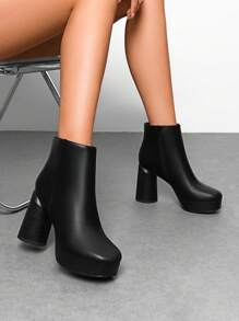 Women's Retro-Modern Square Toe Chunky Round Heel Ankle Boots With Lightweight Platform, Perfect For Daily Outings - BLACK-PU - View 2