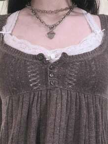 Women Vintage Solid Color Sweater Top Long Sleeve Button Front Knitted Top Retro Y2K Fairy Grunge Aesthetic Knitwear - 棕色 - 查看 4