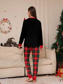 圣诞节、新年字母印花长袖黑色上衣搭配红黑格子裤，女士圣诞套装、圣诞睡衣、女士秋冬两件套家居服 - 彩色 - 查看 2