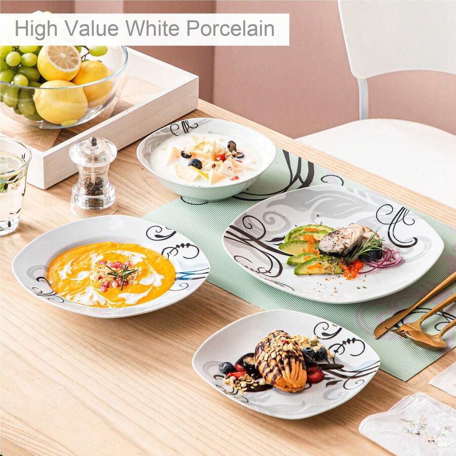 VEWEET 24 Pieces Porcelain Dinnerware Set, Squircle Plate, White And Grey, Ceramic Decal, Dinner Plate, Dessert Plate, Soup Plate And Bowl For 6 Person - 白色 - 查看 1