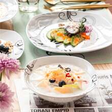 VEWEET 24 Pieces Porcelain Dinnerware Set, Squircle Plate, White And Grey, Ceramic Decal, Dinner Plate, Dessert Plate, Soup Plate And Bowl For 6 Person - 白色 - 查看 3