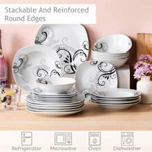 VEWEET 24 Pieces Porcelain Dinnerware Set, Squircle Plate, White And Grey, Ceramic Decal, Dinner Plate, Dessert Plate, Soup Plate And Bowl For 6 Person - 白色 - 查看 7