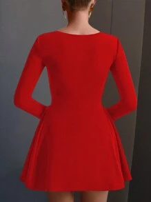 红色方领低胸修身长袖派对性感连衣裙，庆祝新年服装情人节，春夏 - 紅色 - 查看 5
