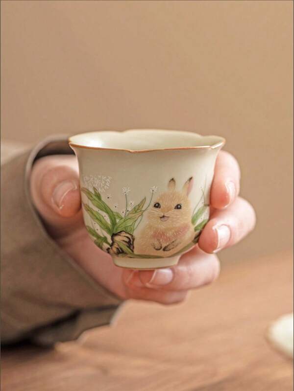 1pc Vintage Rabbit Ceramic Small Tea Cup, Home Teacup, Decoration